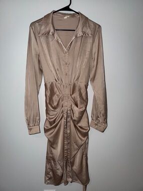 Primi Beige Satin Ruched Button Front Midi Shirt Dress